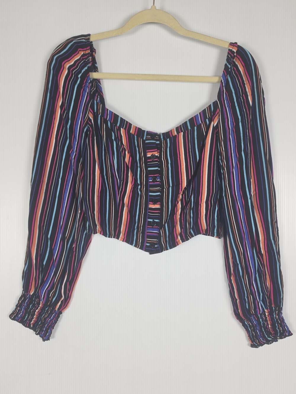 Rue21 Black Multicolor Striped Button-Front Long Sleeve Top